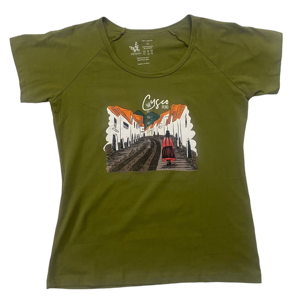 NWT XL Cuzco 100% Peruvian Cotton Olive Green Short Sleeve T-Shirt Scoop Neck - Picture 3 of 8